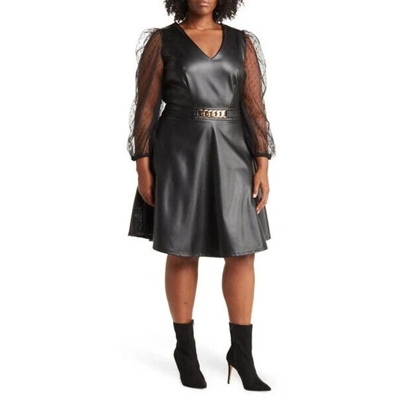 NWT Love X Design Faux Leather Vanguard Pleather Swiss Dot Dress Womens Black 1X - Picture 1 of 6